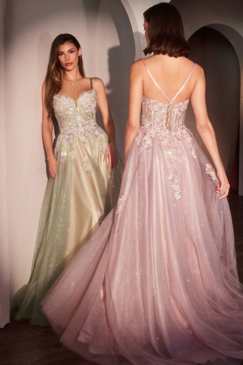 LaDivine CD740 A Line Long Formal Applique Corset Prom Dress