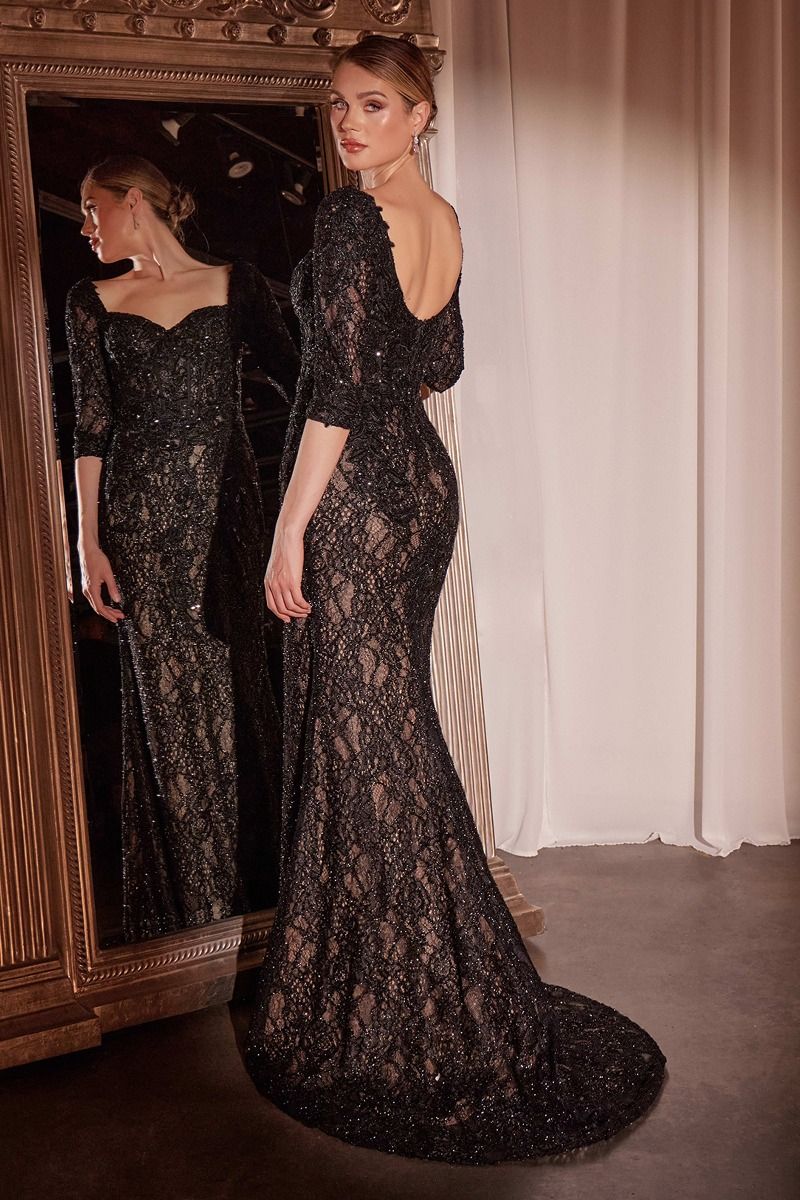 LaDivine CD749 Fitted Long Formal Applique Overskirt Evening Dress