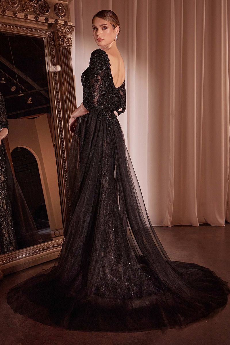 lace long sleeve black prom dress A-line V neck Black Prom Dress Long Sleeve Lace Applique Tulle Evening SELINADRESS