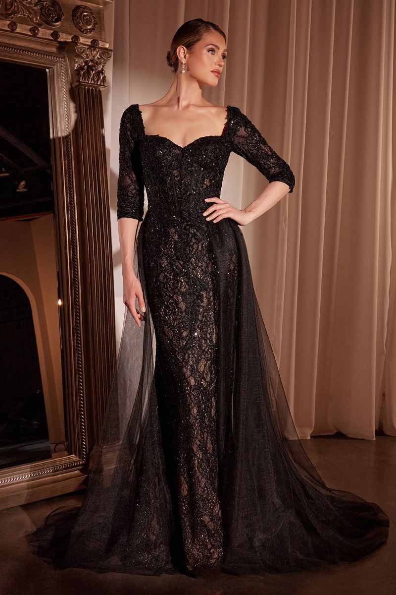 LaDivine CD749 Fitted Long Formal Applique Overskirt Evening Dress