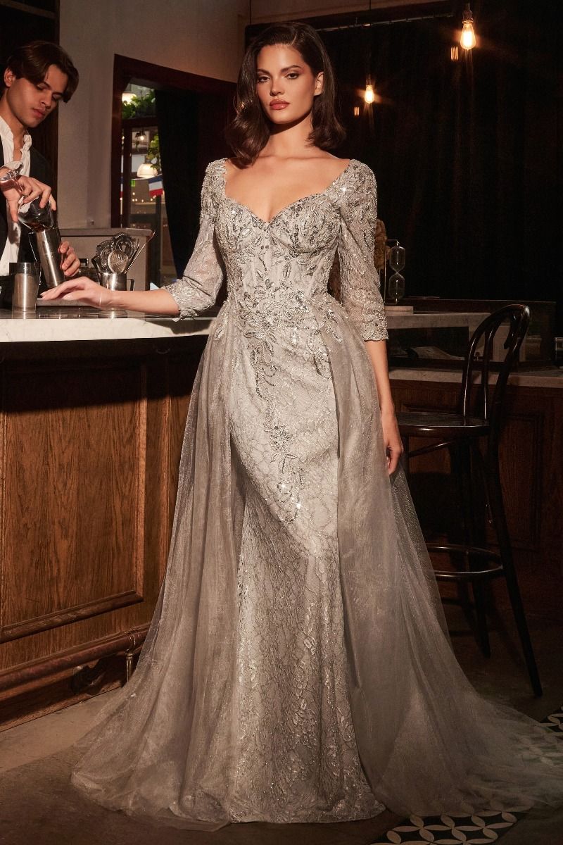 Formal Dresses Fitted Long Formal Applique Overskirt Evening Dress Silver