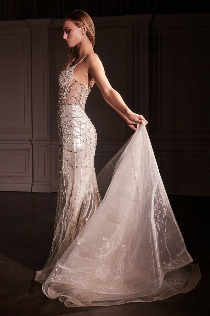 Prom Dresses Long Beaded Formal Overskirt Prom Gown Platinum
