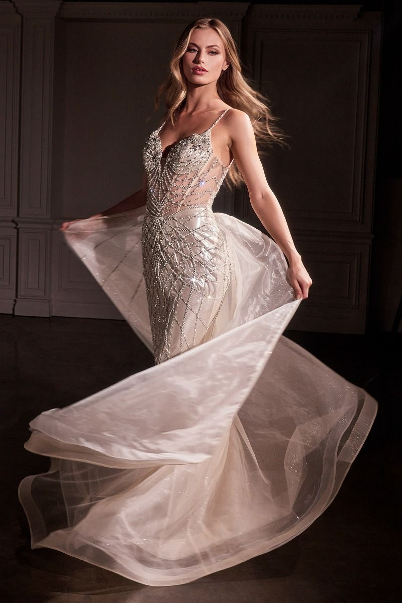 Prom Dresses Long Beaded Formal Overskirt Prom Gown Platinum
