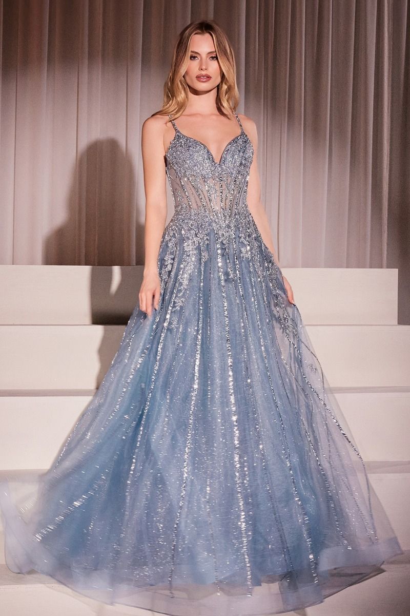 Ladivine CD786 Crystal Embellished A Line Tulle Dress, Silver / 10 Ladivine CD786 Crystal Embellished A Line Tulle Dress, Silver / 10