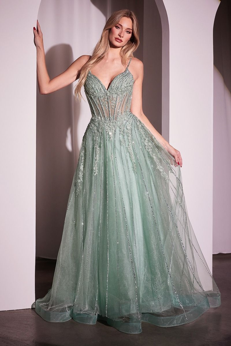 Ladivine CD786 Crystal Embellished A Line Tulle Dress, Silver / 10