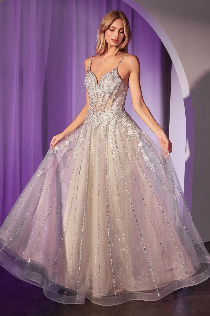 fitted lace wedding dress Ladivine CD786 Crystal Embellished A Line Tulle Dress, Silver / 10