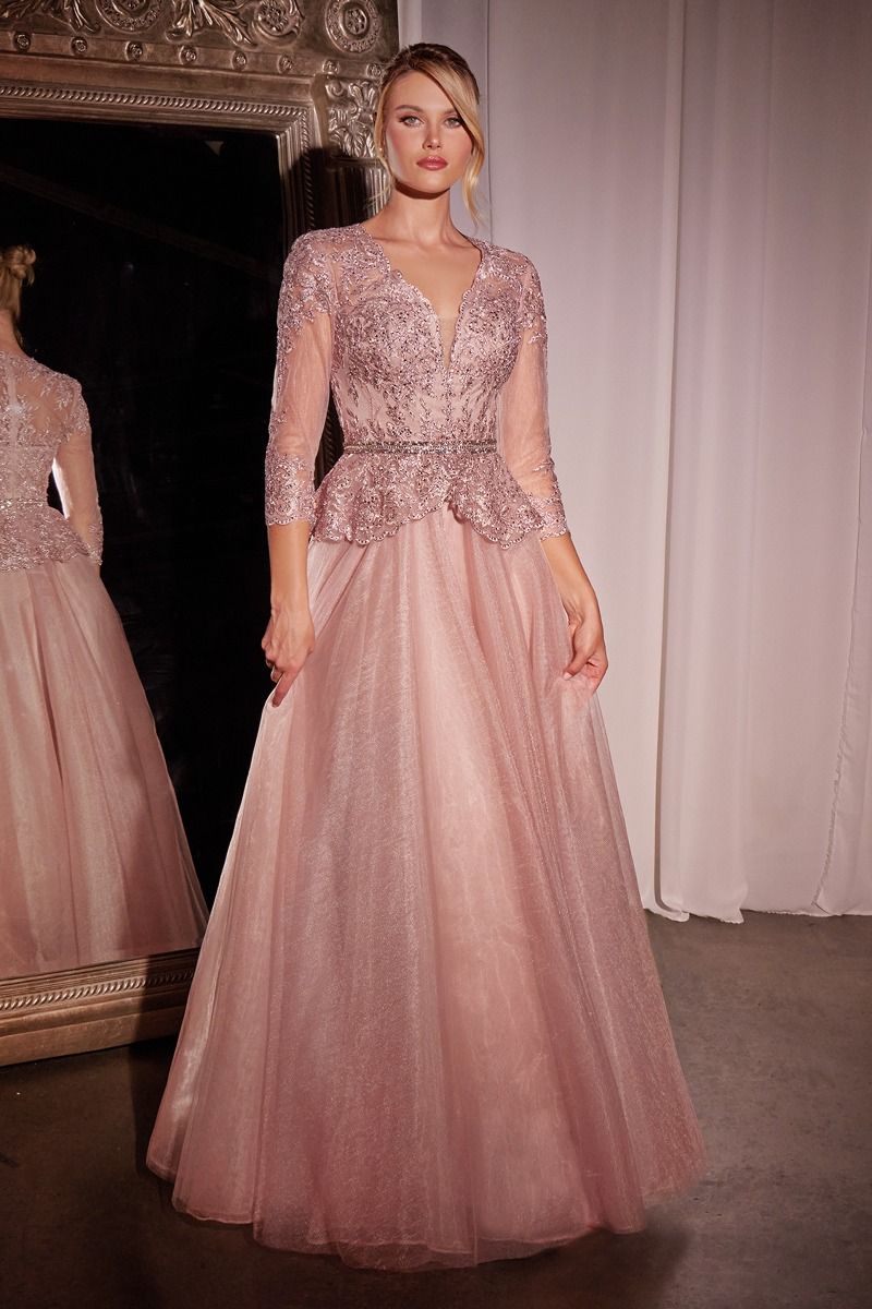 Ladivine CD789 V-Neck 3/4 Sleeve Peplum A-Line Dress with Lace Bodice Dusty Rose / 18 Ladivine CD789 V-Neck 3/4 Sleeve Peplum A-Line Dress with Lace Bodice Dusty Rose / 18
