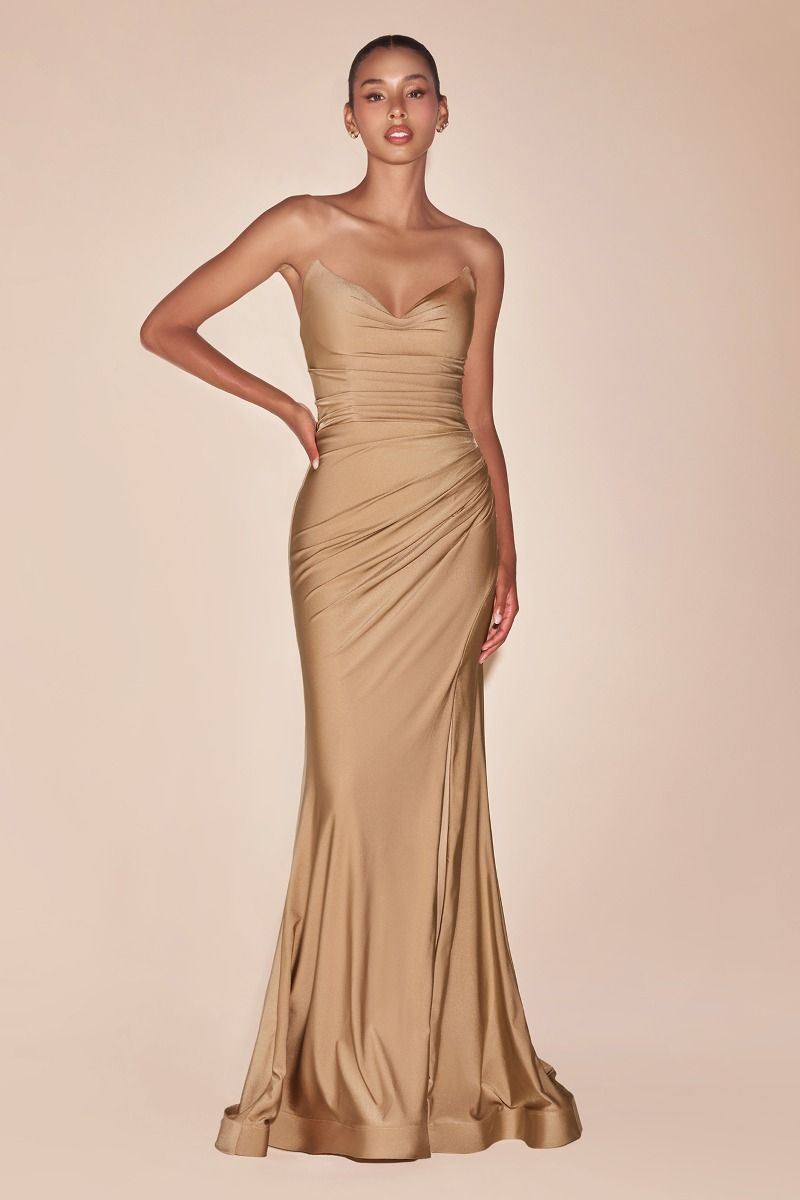 Prom Dresses Fitted Long Formal Slit Prom Dress Nude Gold