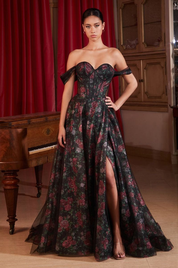 LaDivine CD806 Floral Long Formal Print Corset Prom Dress