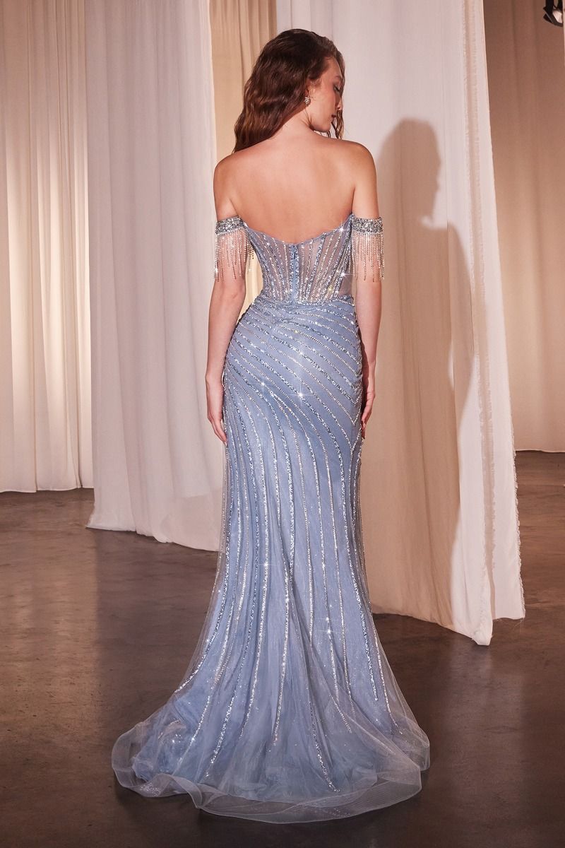 LaDivine CD848 Long Fringe Beaded Prom Formal Dress