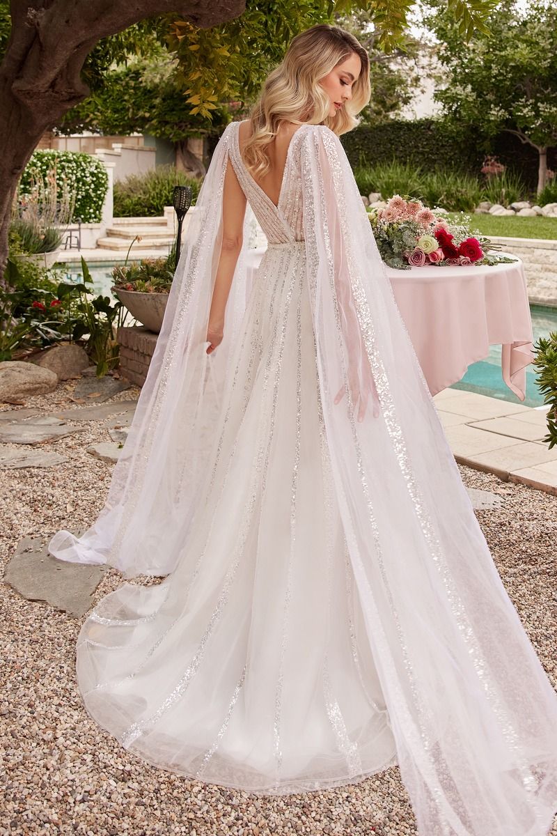 LaDivine CD852W A Line Bridal Gown Long Sequin Cape Wedding Dress