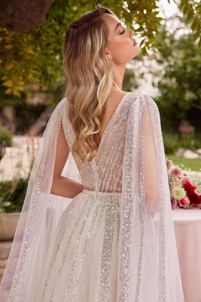 LaDivine CD852W A Line Bridal Gown Long Sequin Cape Wedding Dress