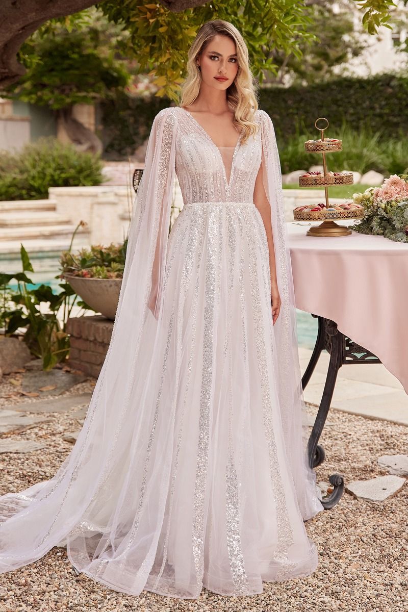 LaDivine CD852W A Line Bridal Gown Long Sequin Cape Wedding Dress - Off White / 6 LaDivine CD852W A Line Bridal Gown Long Sequin Cape Wedding Dress - Off White / 6