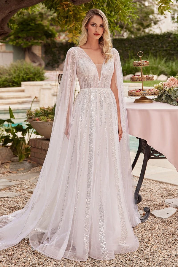 LaDivine CD852W A Line Bridal Gown Long Sequin Cape Wedding Dress - Off White / 6