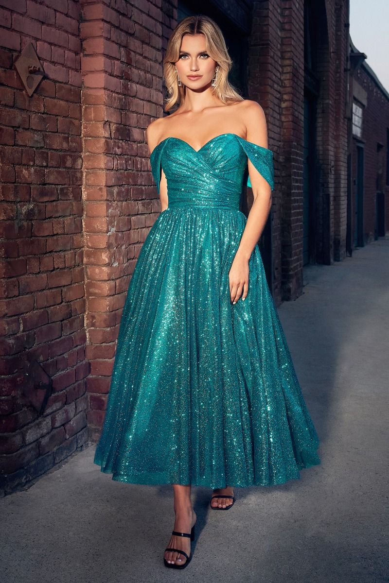 LaDivine CD870 Prom Off Shoulder Glitter Tea Length Dress