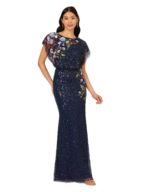 Crew Neck Floor-Length Sequin Formal Mermaid Gown Floral Embroidery Adrianna Papell AP1E211531