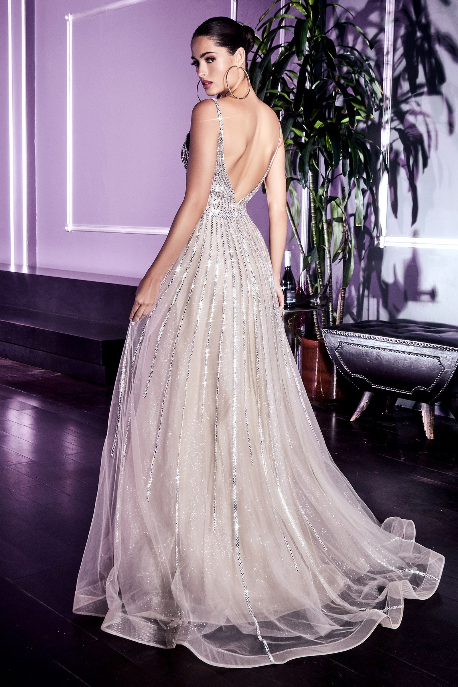 LaDivine CD940 Long Sparkling Dress in Platinum