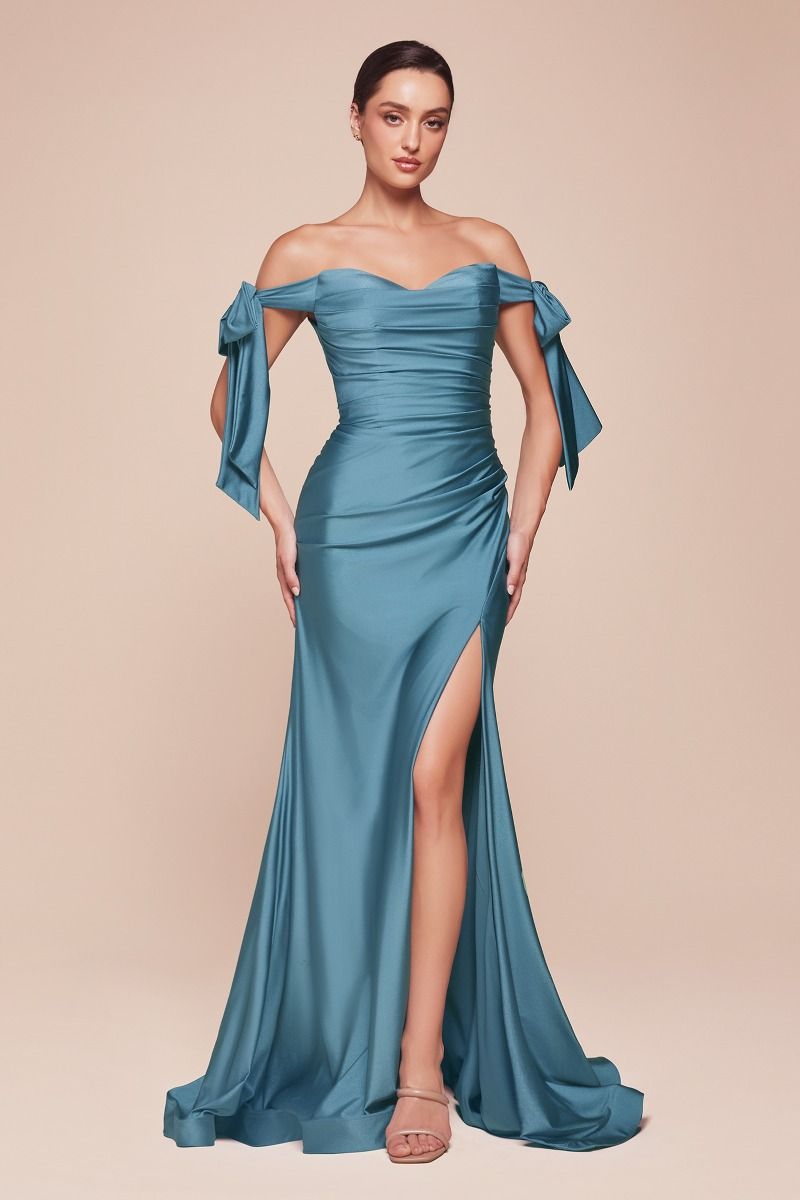 LaDivine CD943C Off Shoulder Long Dress in Lake Blue