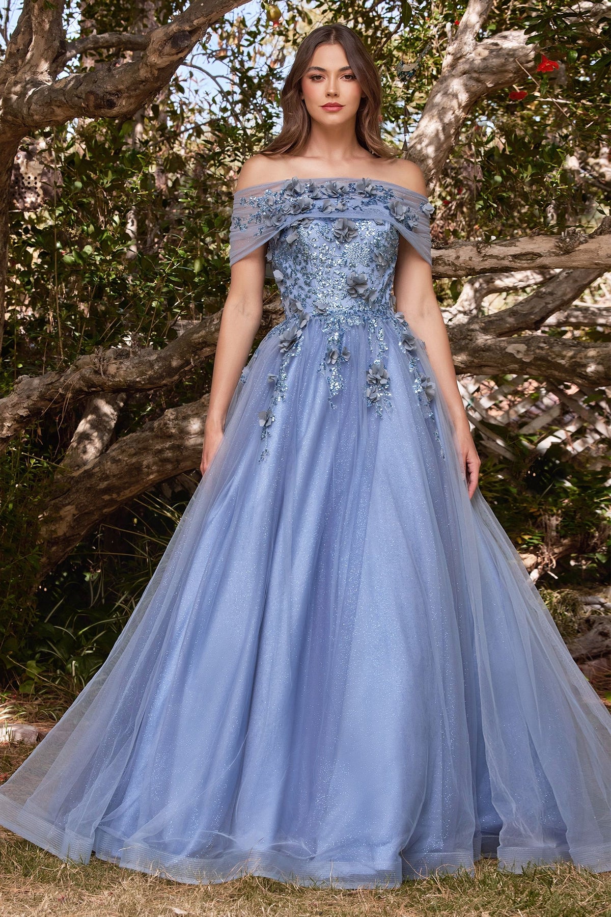 LaDivine CD955 Long Off Shoulder Prom Gown in Smoky Blue