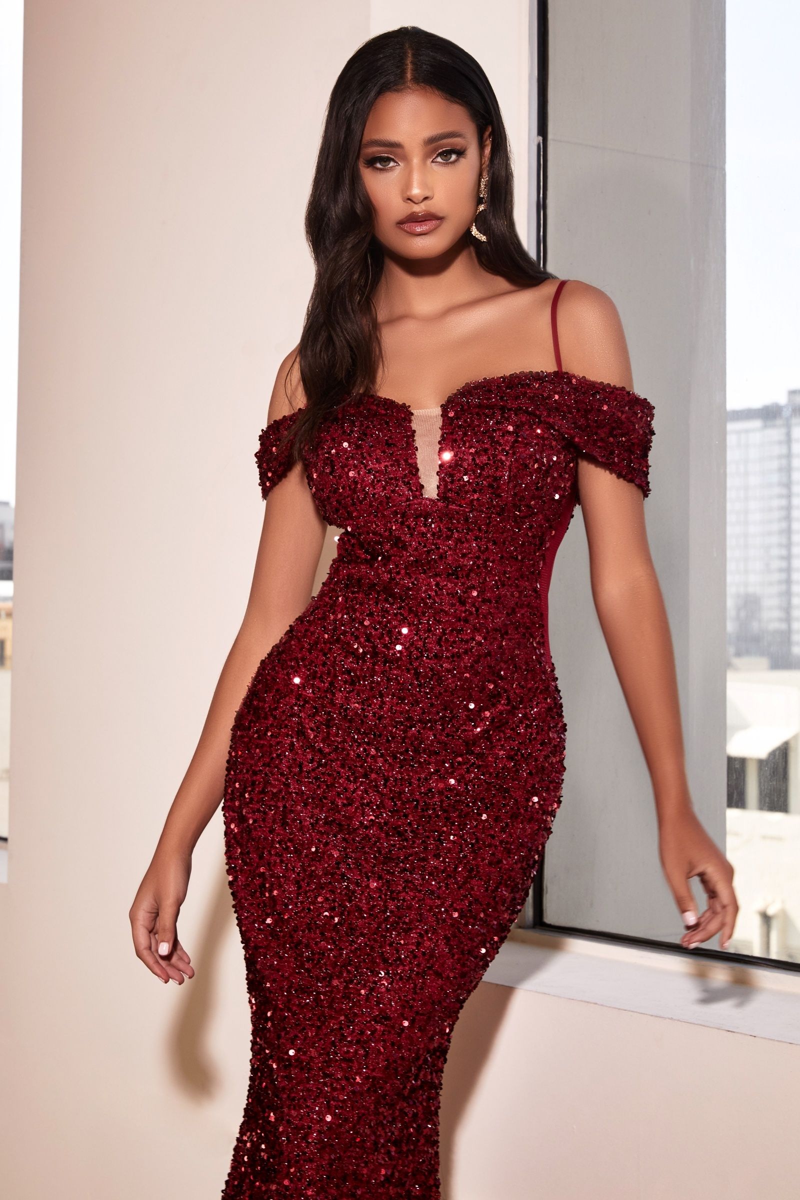 Prom Dresses Formal Long Fitted Sequin Prom Dress Burgundy