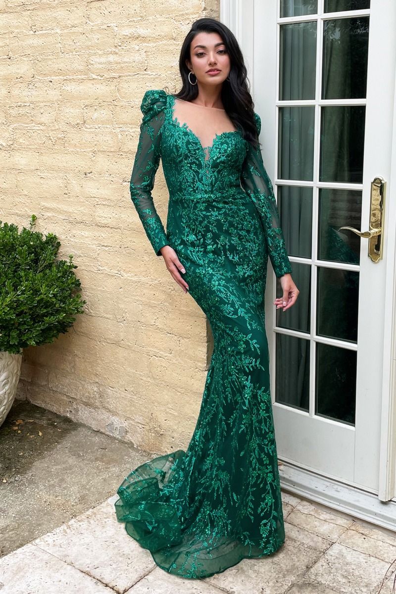 LaDivine CD989 Long Glitter Prom Dress in Emerald