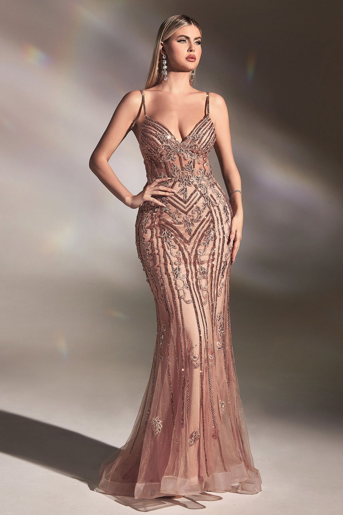 LaDivine CD992 Long Fitted Prom Dress in Rose Gold