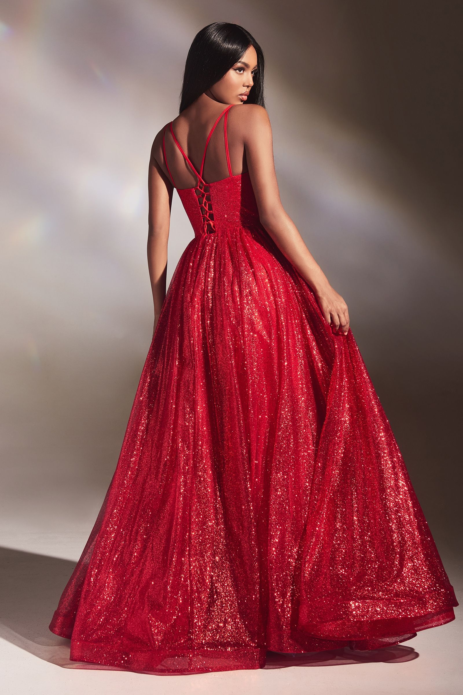 LaDivine 996 Long Layered Glittered Ball Gown in Red