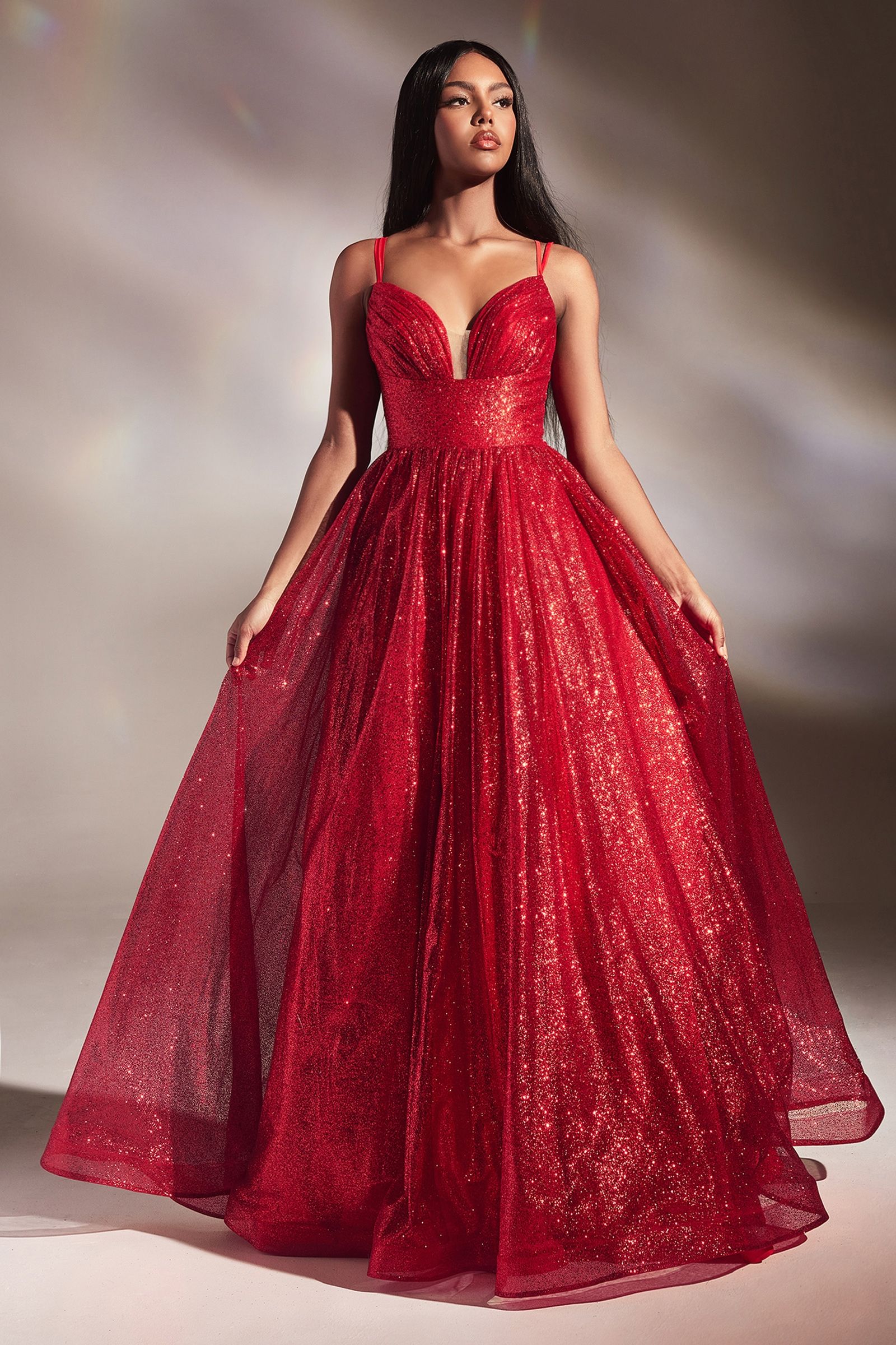 LaDivine 996 Long Layered Glittered Ball Gown in Red