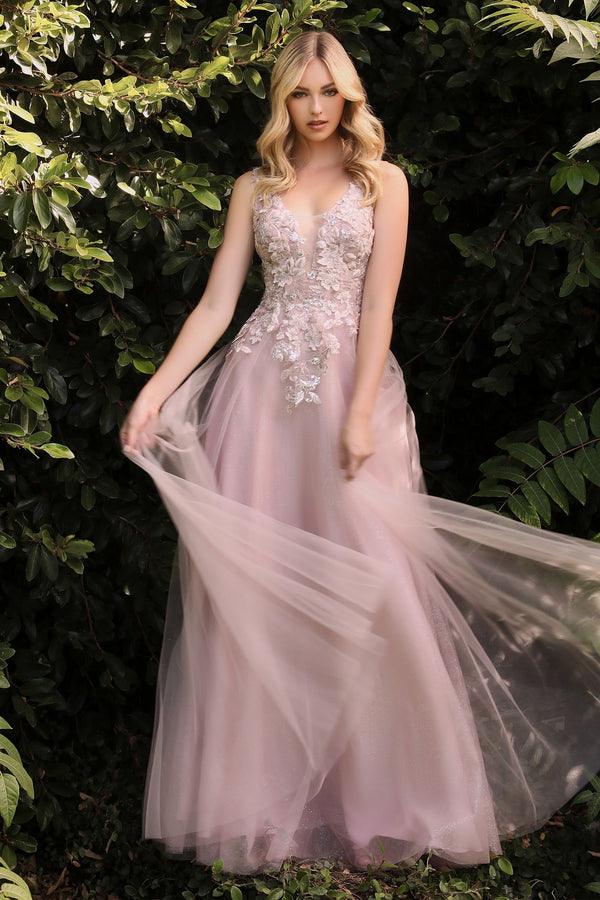 LaDivine S409C Long Formal Lace Applique Floral Prom Dress