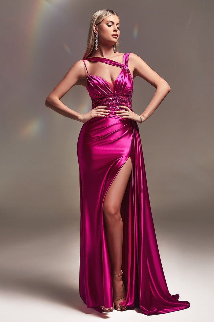 LaDivine S415 Prom Long Fitted Evening Gown in Magenta