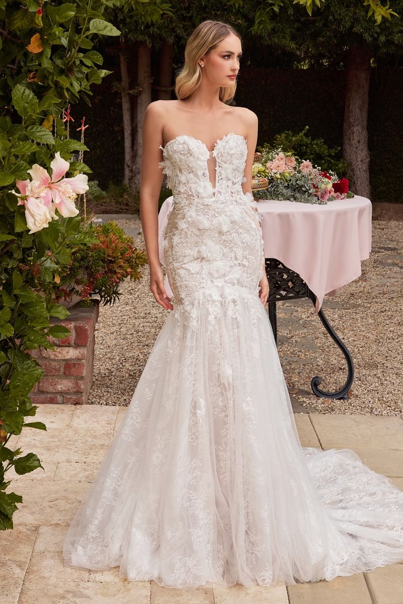 LaDivine S434W Long 3D Floral Applique Mermaid Wedding Dress - Off White Nude / 10 LaDivine S434W Long 3D Floral Applique Mermaid Wedding Dress - Off White Nude / 10