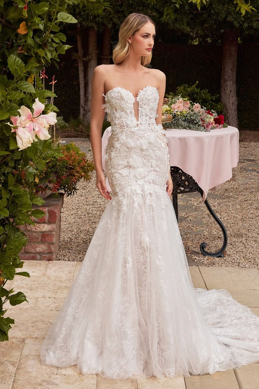 Wedding Dresses Long 3D Floral Applique Mermaid Wedding Dress Off White Nude