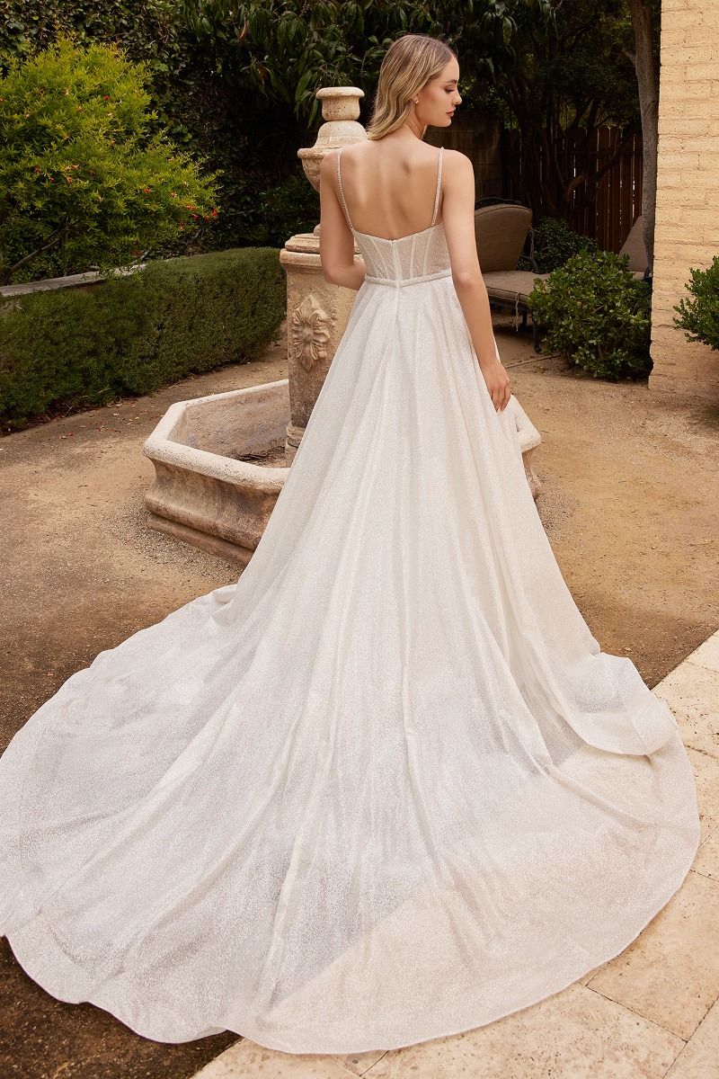LaDivine CDS435W Long Spaghetti Strap Glitter Wedding Dress