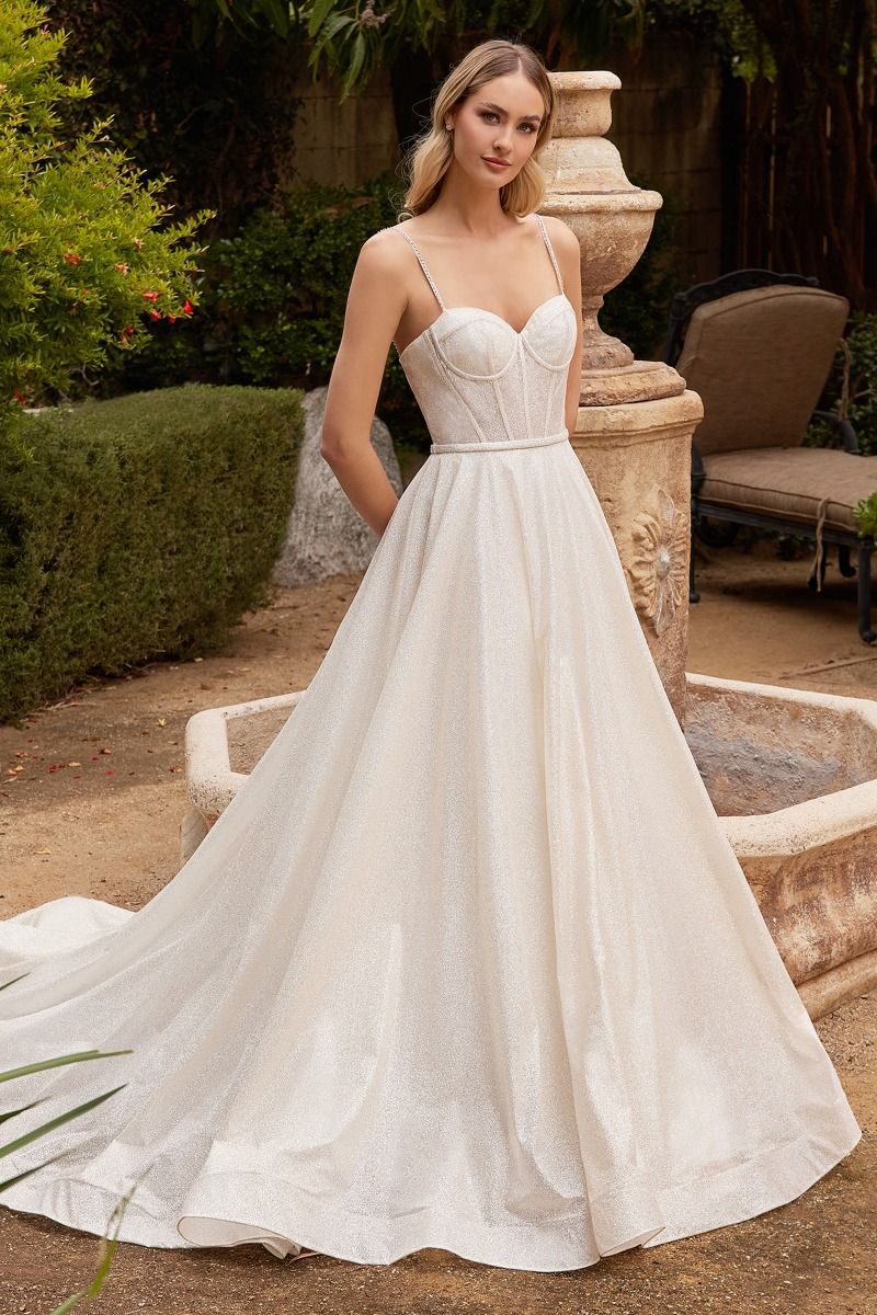 LaDivine CDS435W Long Spaghetti Strap Glitter Wedding Dress