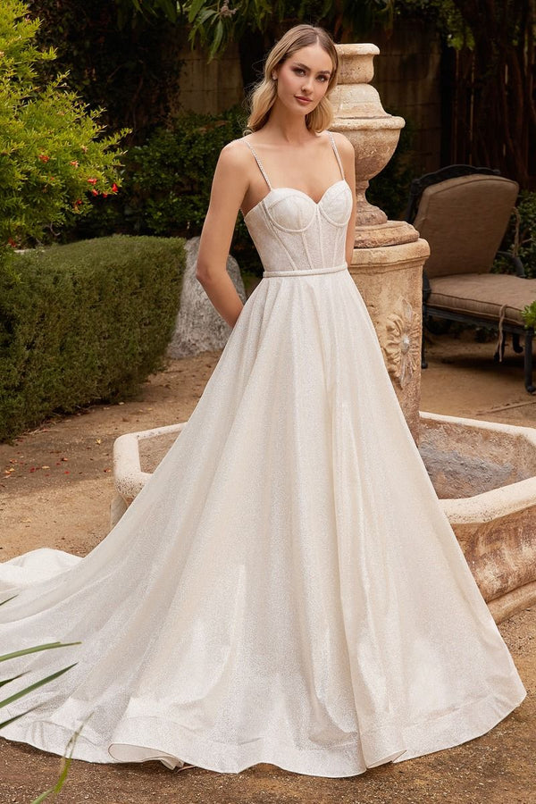 LaDivine CDS435W Long Spaghetti Strap Glitter Wedding Dress