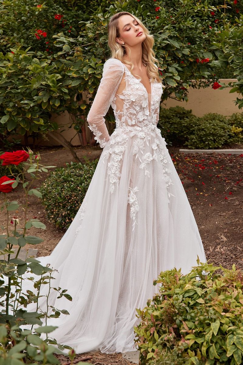 knee length dresses for ladies Scoop-Neck Long-Sleeves Chiffon Bride Gowns Lace Applique Pleated A-Line Wedding Dress with Train Ivory / US2 main image 0