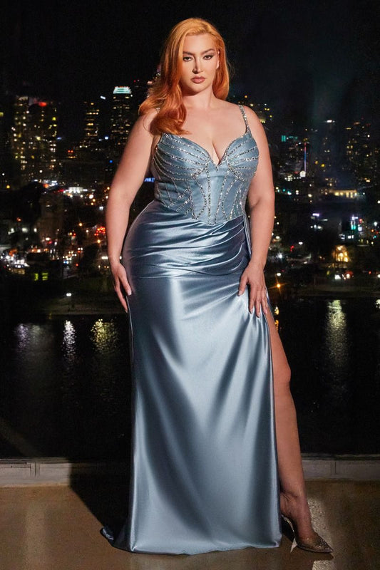 Plus Size Dresses Long Pleated Prom Formal Beaded Plus Size Dress Dusty Blue
