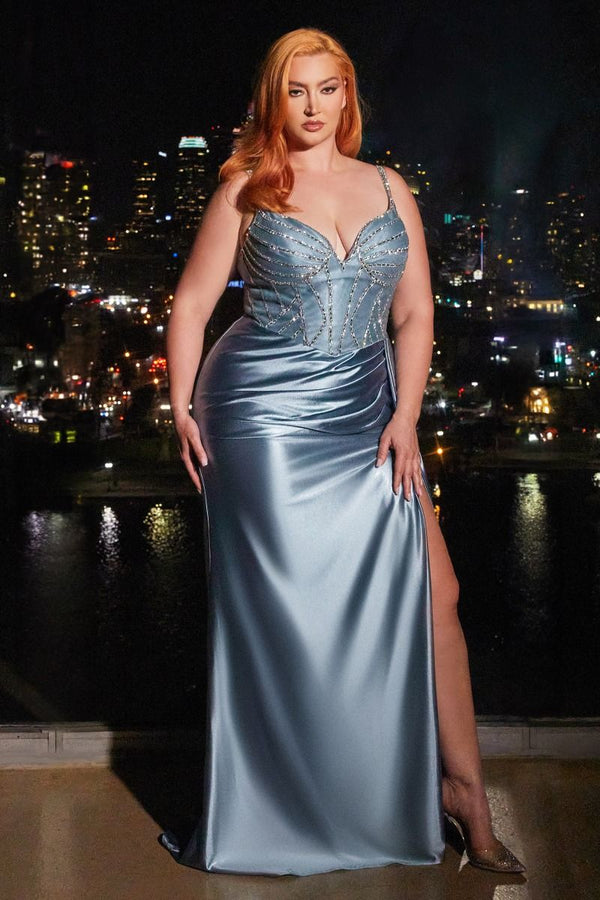 LaDivine S440C Long Pleated Prom Formal Beaded Plus Size Dress