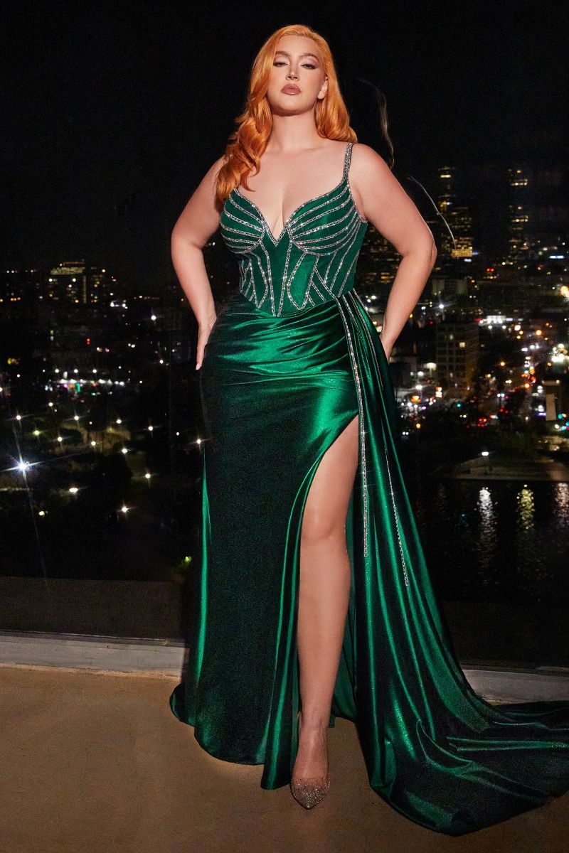 LaDivine S440C Long Pleated Prom Formal Beaded Plus Size Dress