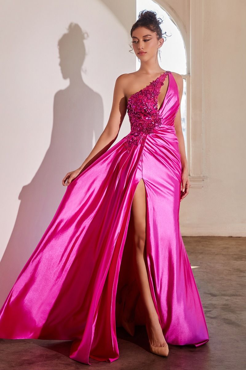 LaDivine CDS454 Long One Shoulder Satin Beaded Lace Trim Dress