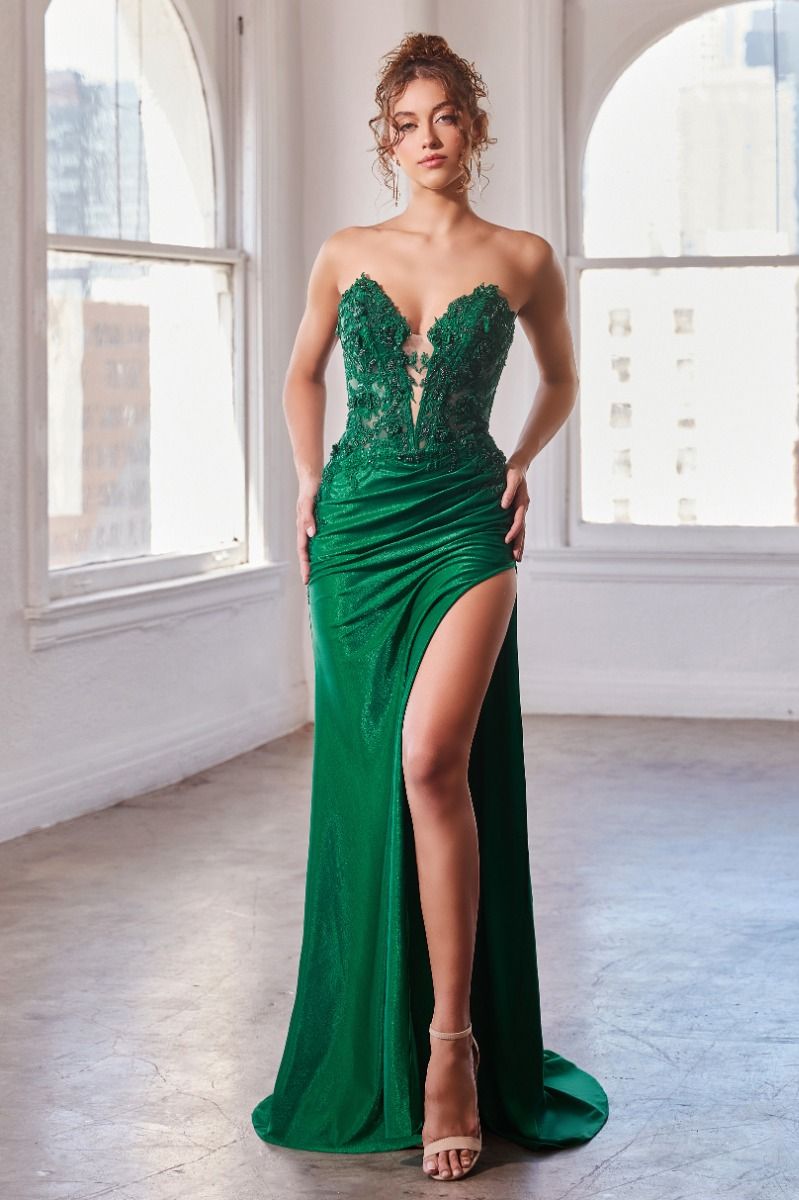 LaDivine S465 Fitted Long Lace Slit Formal Prom Dress