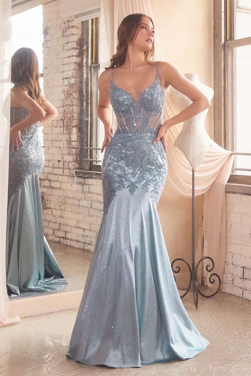 Dusty Blue LaDivine S470 Long Formal Glitter Corset Mermaid Prom - Main Image