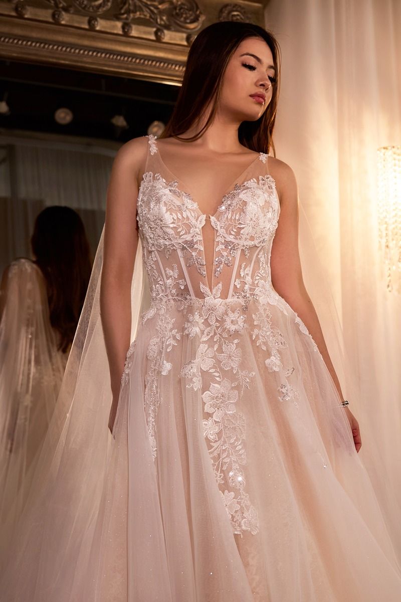 LaDivine S476W Long Bridal Gown A Line Cape Wedding Dress