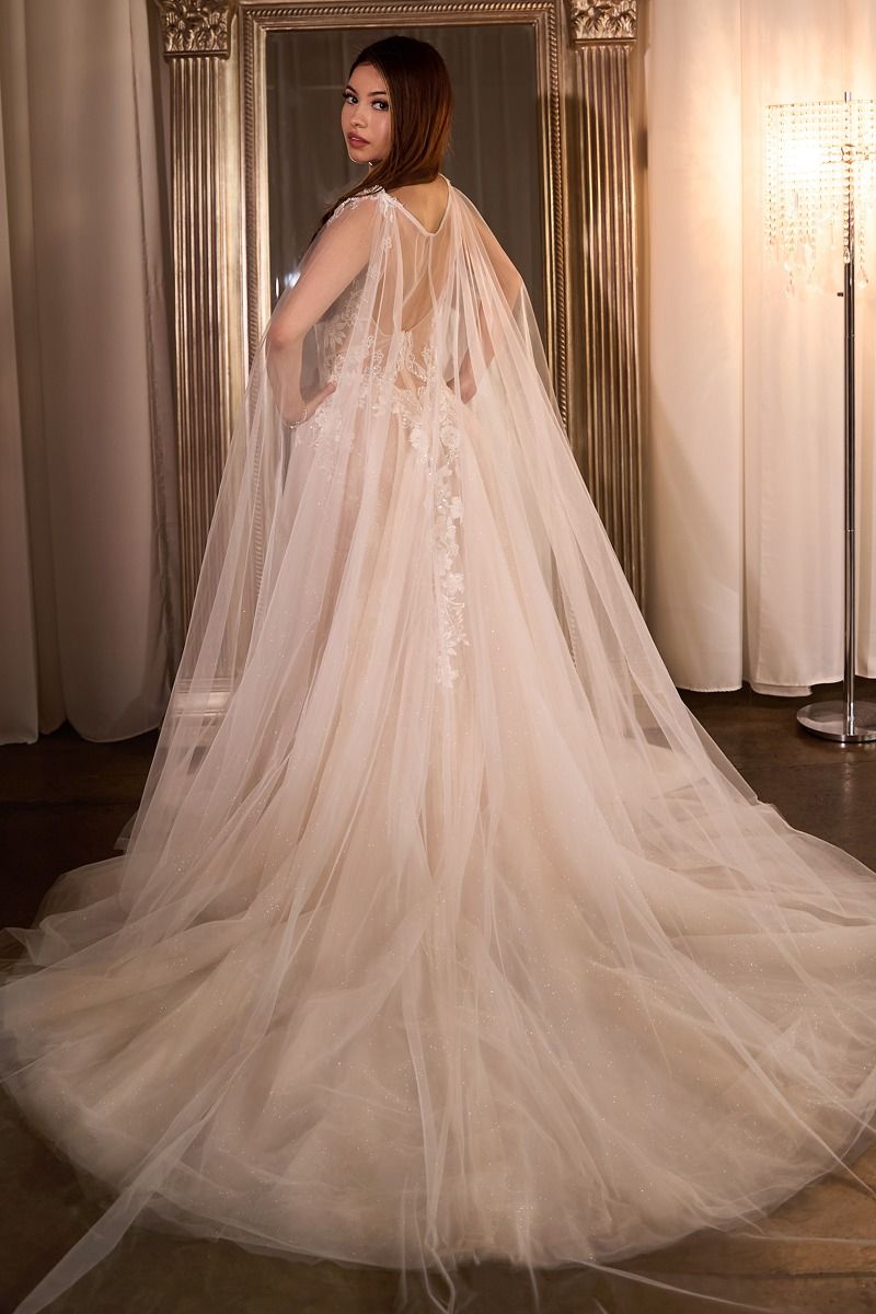 LaDivine S476W Long Bridal Gown A Line Cape Wedding Dress