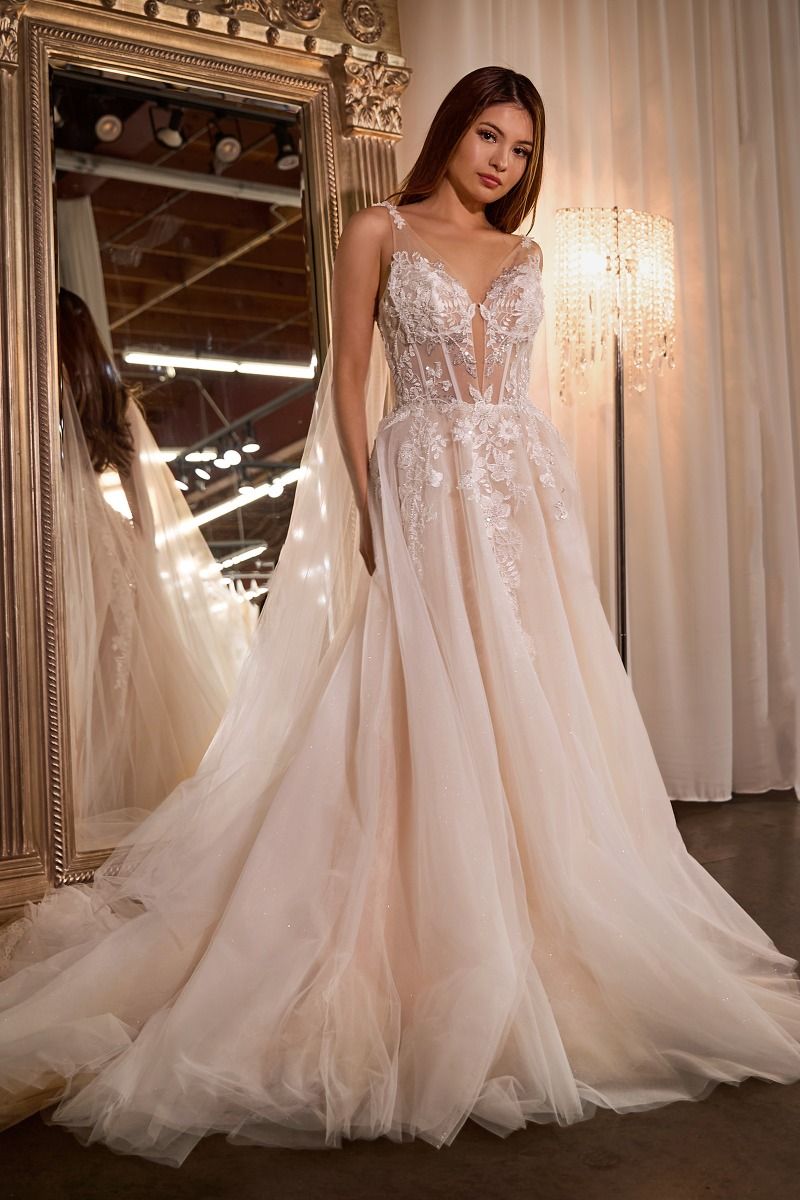 LaDivine S476W Long Bridal Gown A Line Cape Wedding Dress