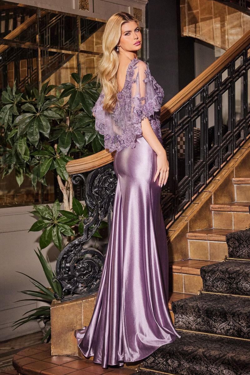 LaDivine S499 Long Fitted Formal Slit Evening Gown