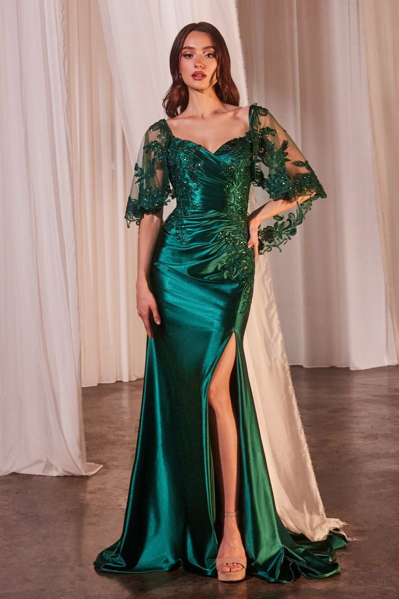LaDivine S499 Long Fitted Formal Slit Evening Gown