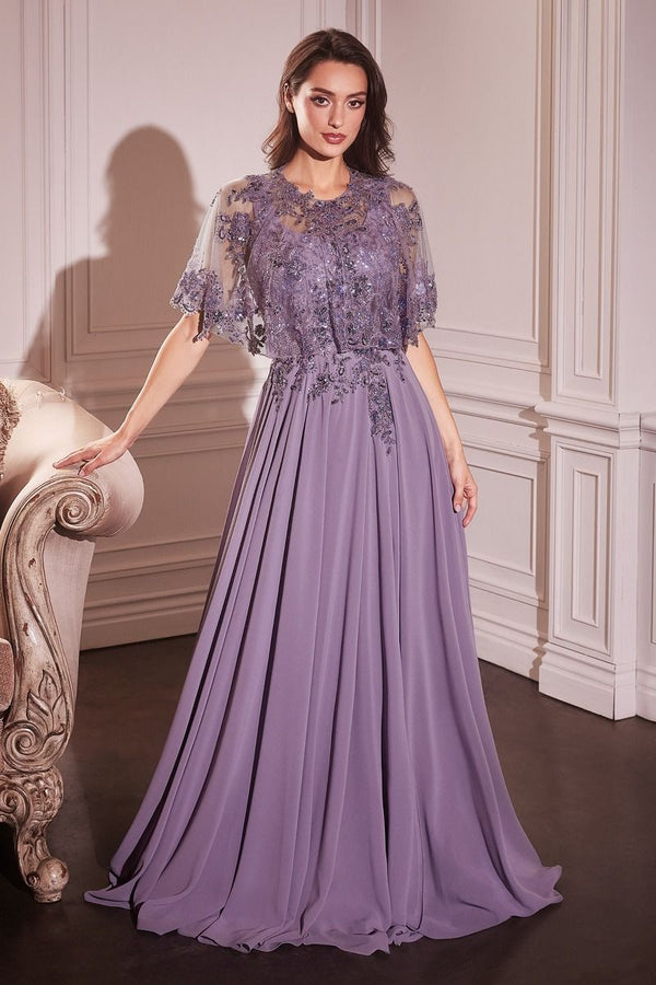 Long A-Line Formal Dress with Removable Beaded Capelet Black / 10