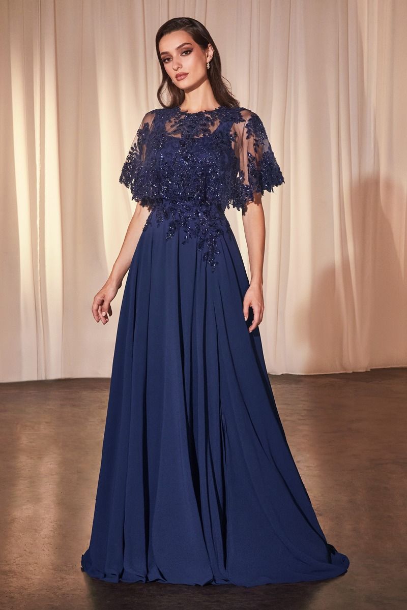 Dusty Lavender LaDivine S503 Long A Line Formal Removable Cape Dress