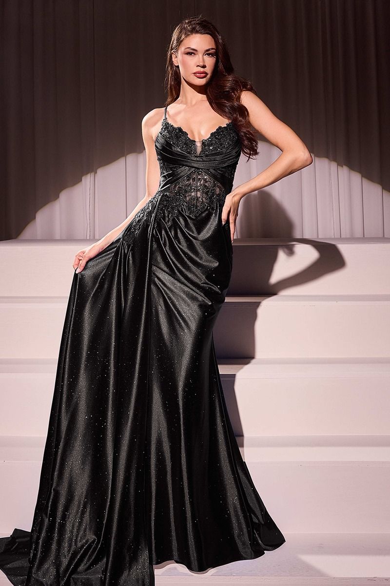 LaDivine S524 Fitted Applique Long Formal Lace Prom Dress
